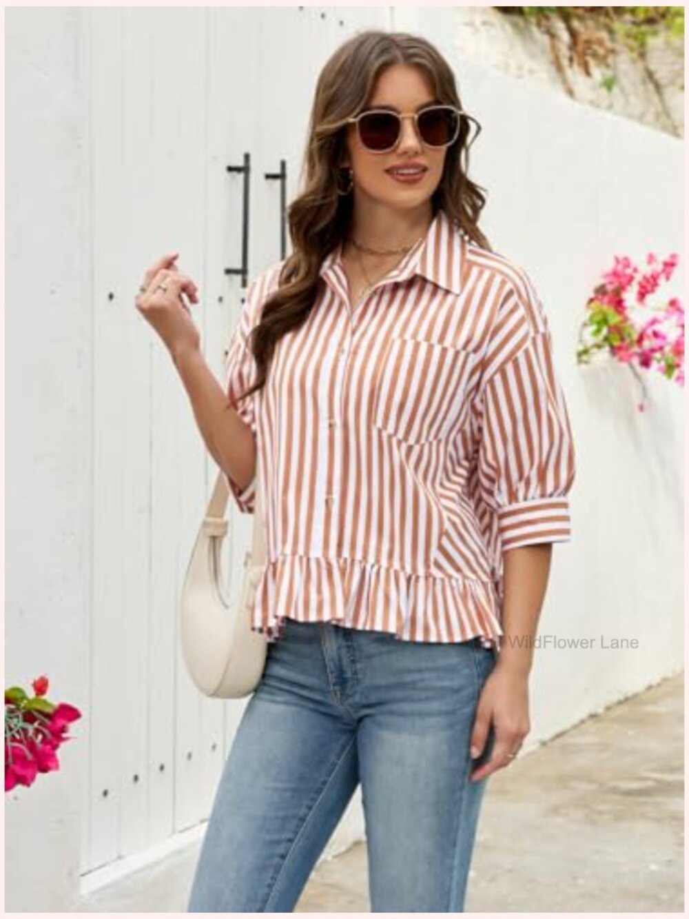 Cropped Striped Button Down Shirt Half Sleeve Ruffle Bottom V Neck Blouse Top - Picture 3 of 7